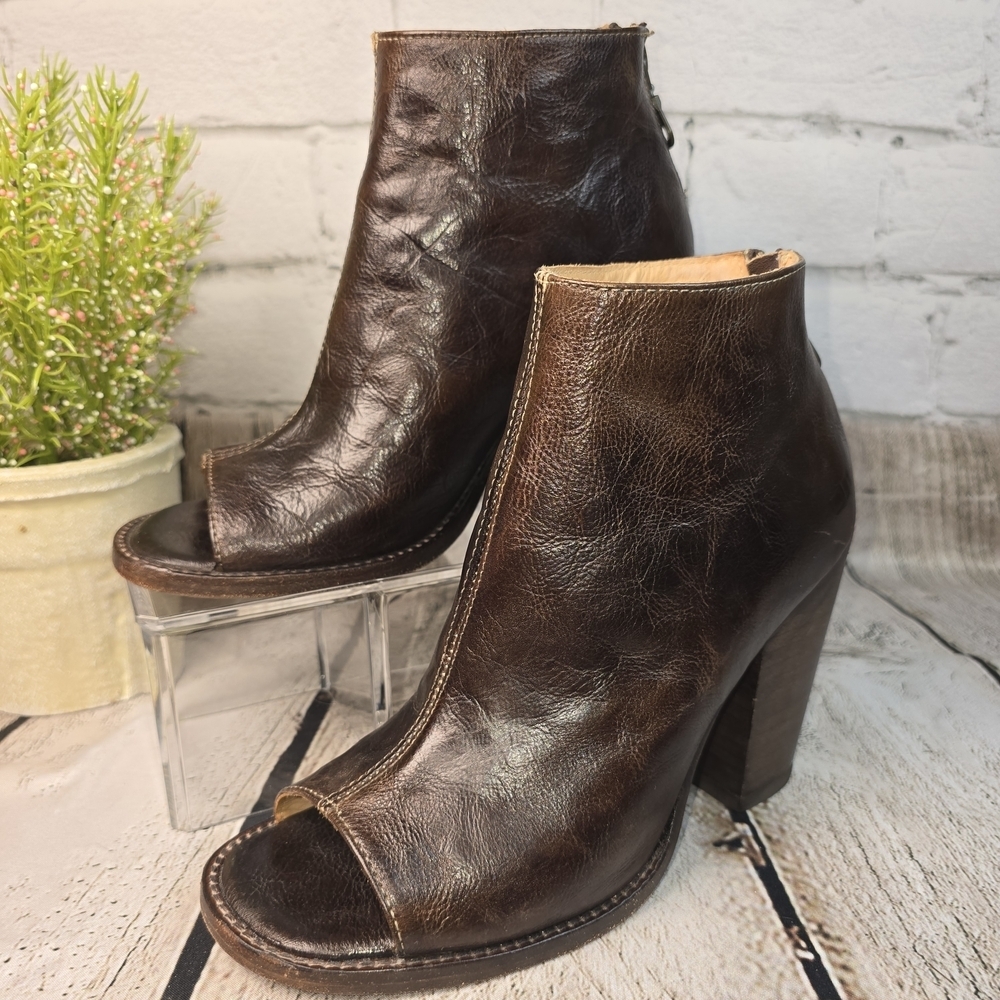 BED STU ONSET BROWN PEEP TOES DRESS BOOTS BOOTIES BOHO STACKED HEEL SIZE 7 - Picture 2 of 13